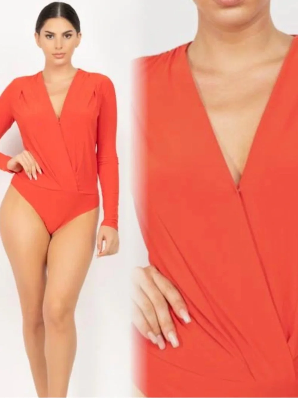 V-Neck Long Sleeve Wrap Bodysuit in Coral Red - Picture 6 of 12